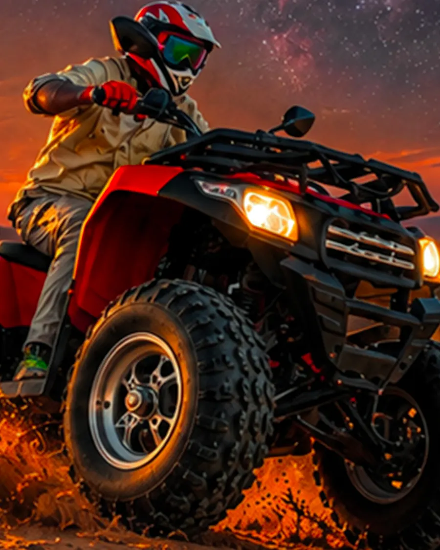 Un pilota in quad sulla sabbia al tramonto